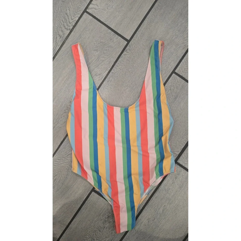 Zara Accessories Vertical Multi Color Striped One Piece Swimsuit Rainbow Scoop S